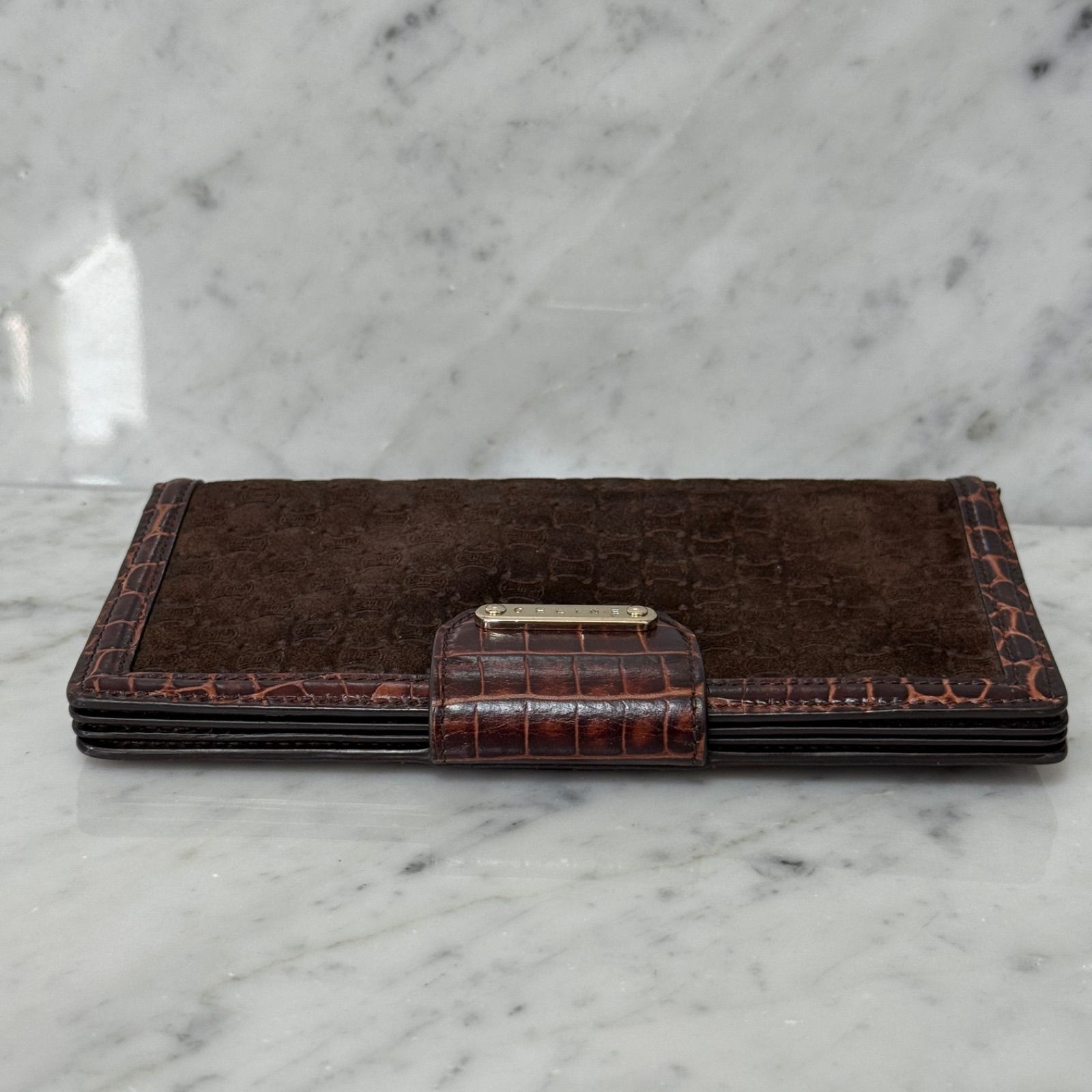 CELINE セリーヌ 長財布 スエード クロコダイル マカダム ロゴ 総柄