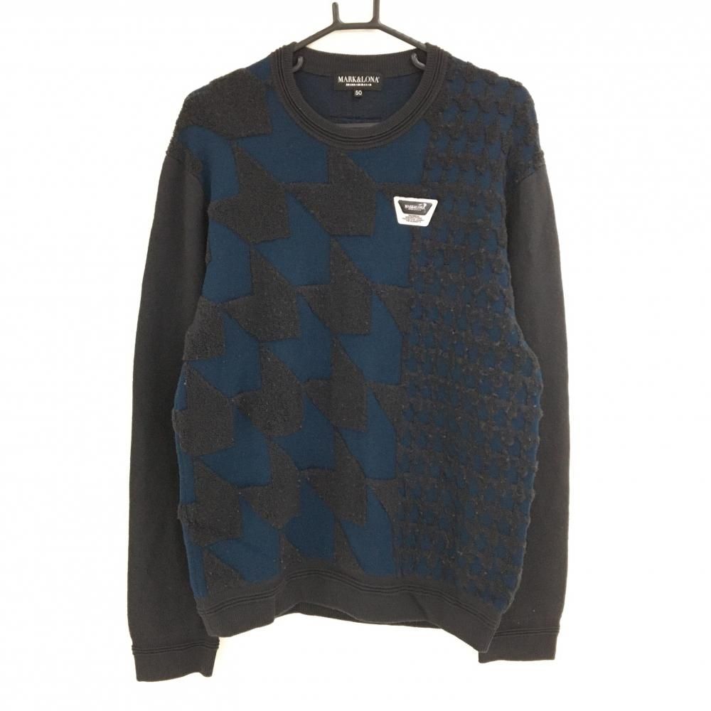 マークアンドロナ セーター ネイビーブルー系 ダークグレー 身頃千鳥格子 ニット メンズ 50 XL ゴルフウェア モデル MARK＆LONA