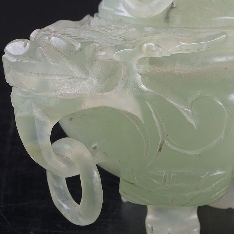 中国 玉石岫玉彫刻 雙耳活環 神獣鈕蓋爐 香炉 N S261 - メルカリ