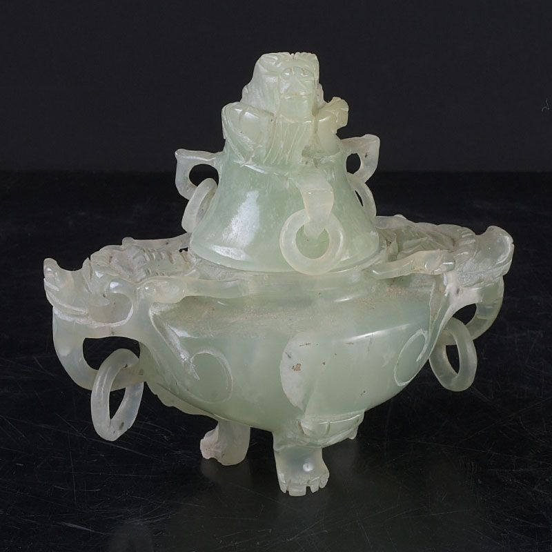 中国 玉石岫玉彫刻 雙耳活環 神獣鈕蓋爐 香炉 N S261 - メルカリ