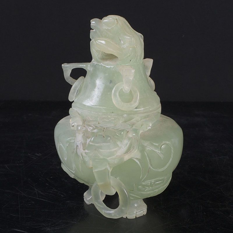 中国 玉石岫玉彫刻 雙耳活環 神獣鈕蓋爐 香炉 N S261 - メルカリ
