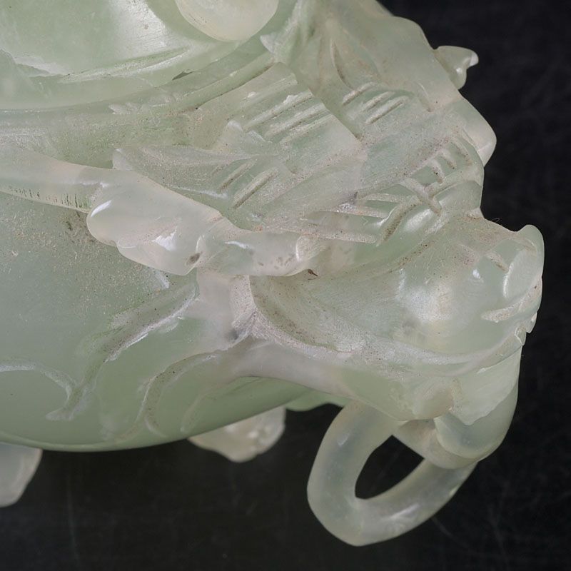 中国 玉石岫玉彫刻 雙耳活環 神獣鈕蓋爐 香炉 N S261 - メルカリ