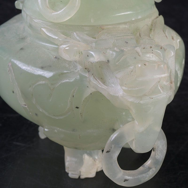 中国 玉石岫玉彫刻 雙耳活環 神獣鈕蓋爐 香炉 N S261 - メルカリ