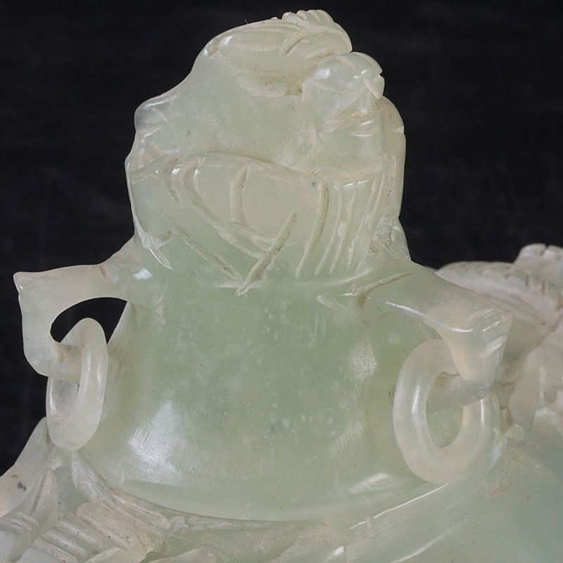 中国 玉石岫玉彫刻 雙耳活環 神獣鈕蓋爐 香炉 N S261 - メルカリ
