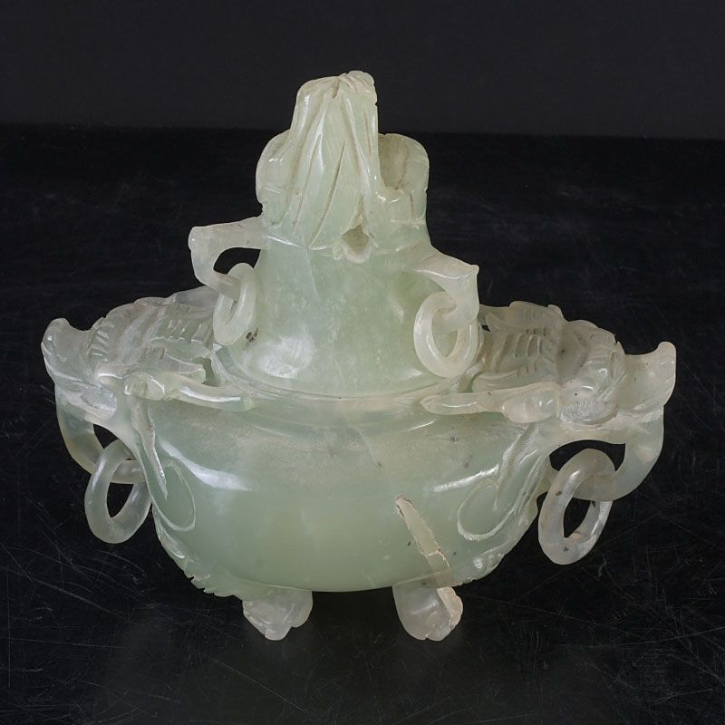 中国 玉石岫玉彫刻 雙耳活環 神獣鈕蓋爐 香炉 N S261 - メルカリ