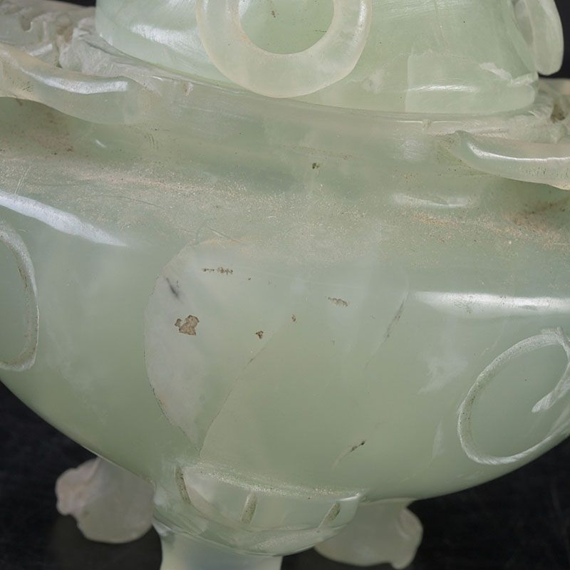 中国 玉石岫玉彫刻 雙耳活環 神獣鈕蓋爐 香炉 N S261 - メルカリ
