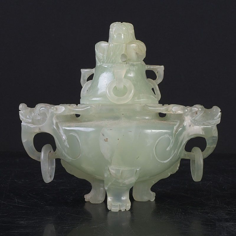 中国 玉石岫玉彫刻 雙耳活環 神獣鈕蓋爐 香炉 N S261 - メルカリ