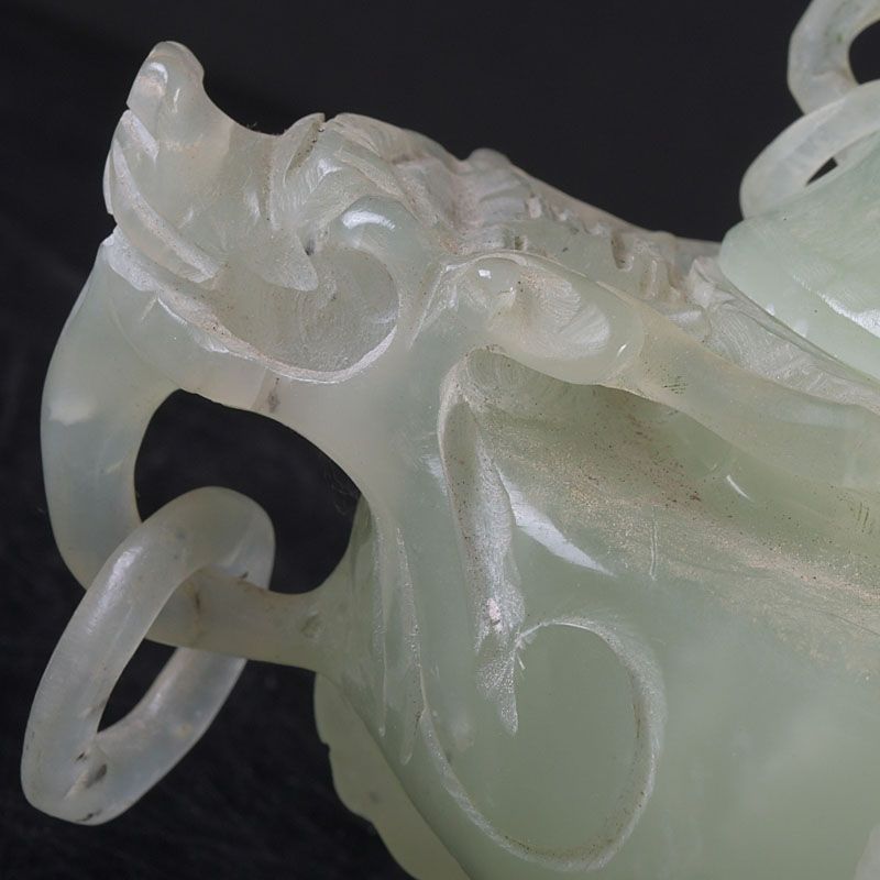 中国 玉石岫玉彫刻 雙耳活環 神獣鈕蓋爐 香炉 N S261 - メルカリ