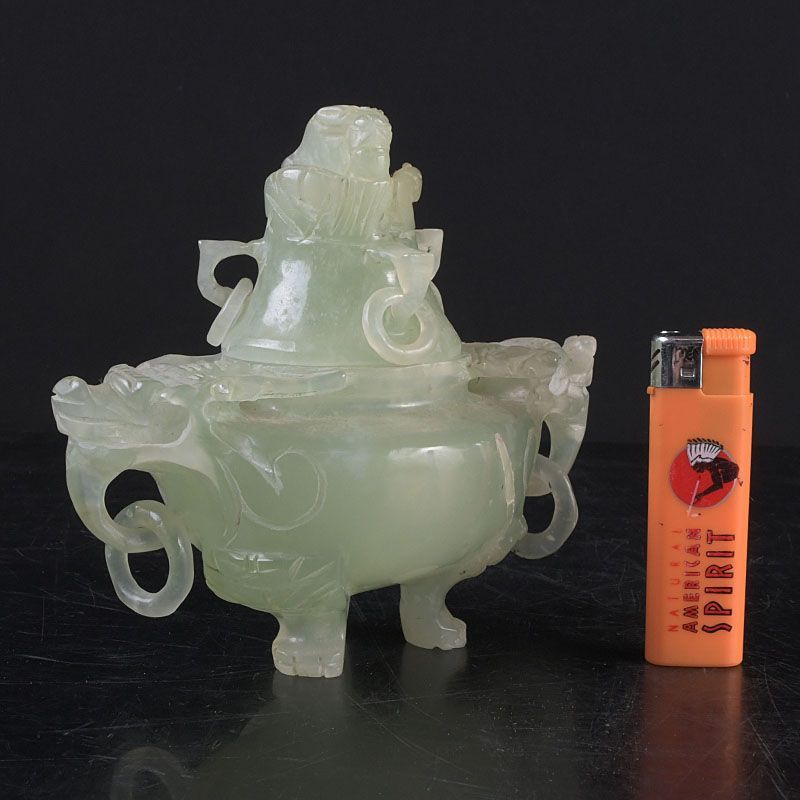 中国 玉石岫玉彫刻 雙耳活環 神獣鈕蓋爐 香炉 N S261 - メルカリ