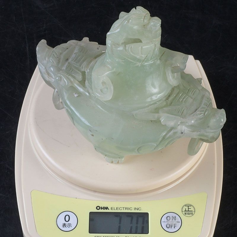 中国 玉石岫玉彫刻 雙耳活環 神獣鈕蓋爐 香炉 N S261 - メルカリ