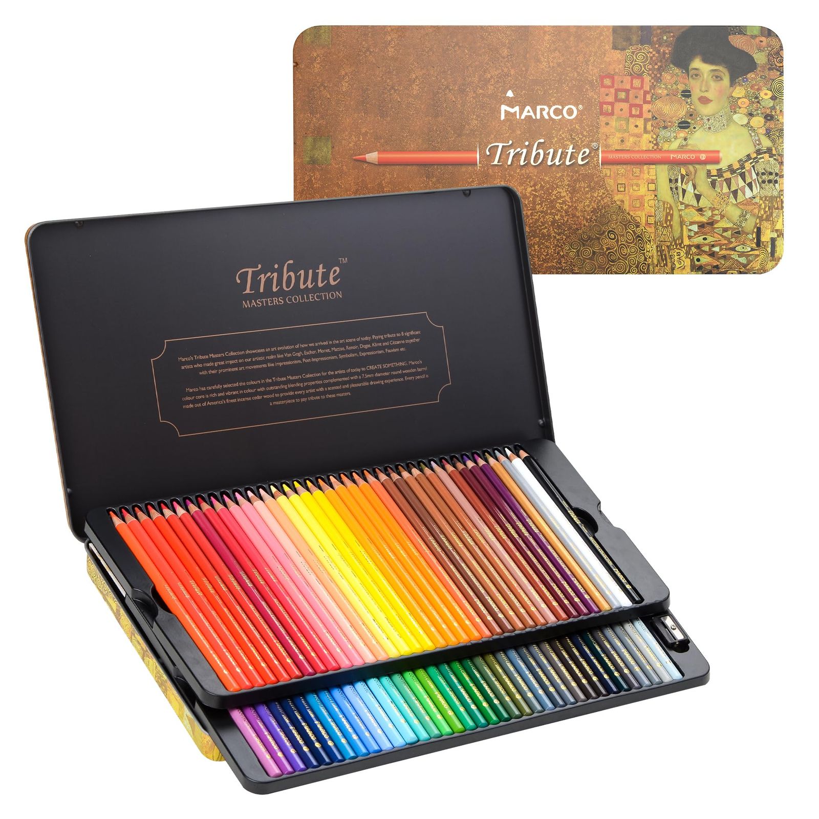 Marco 72色色鉛筆 油性 プロ ソフト芯 太い 鉛筆削り プロ 用 塗り絵用 色鮮やかで重ね塗り な10層 大師レベル 発色の良い色鉛筆 鉄箱入3300油性-72色