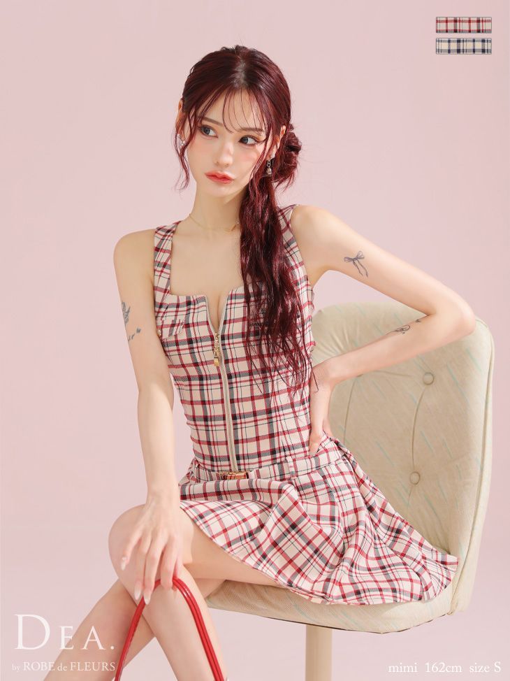 レッドDE3390-R-2503 XSサイズあり チェックノースリーブベルトデザインミニキャバドレス DE3390 DEA.by ROBE de FLEURS ディアバイローブドフルール チェック ノースリーブ ベルトデザイン ミニドレス