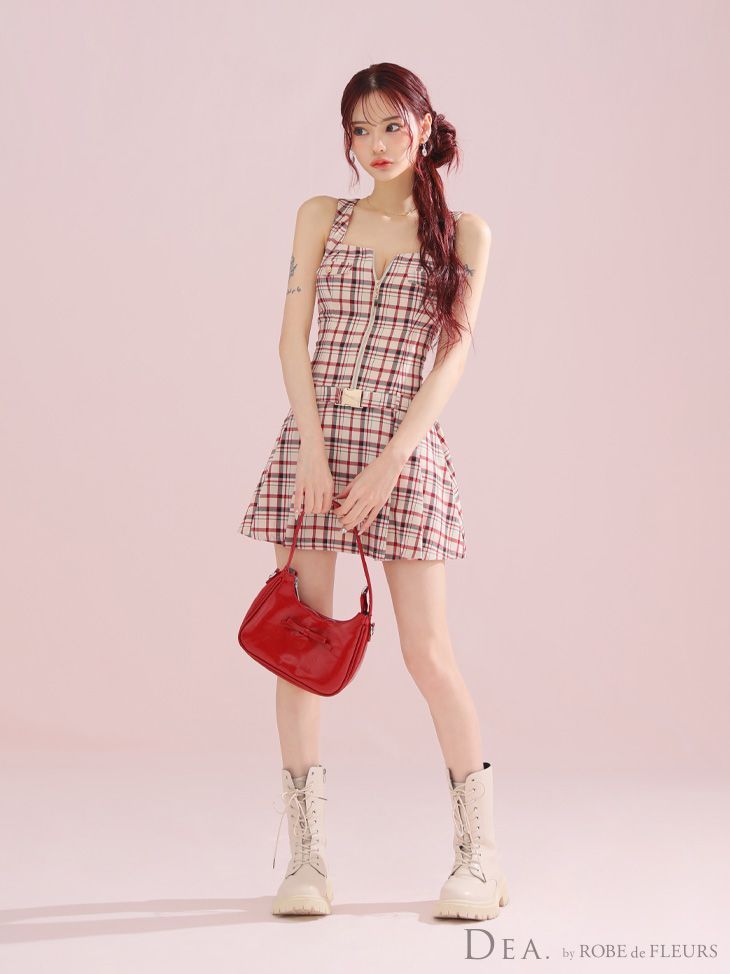 ディアバイローブドフルール】チェックミニドレス レッド DEA.by ROBE