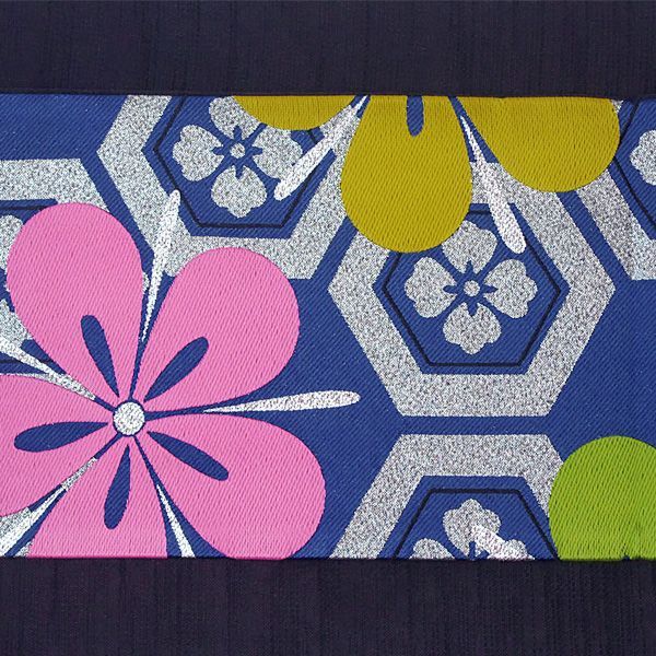 半幅帯 浴衣帯 小袋帯 細帯 リバーシブル ポリエステル 仕立て上がり 紺色 シルバー ラメ 亀甲 花菱 花柄 女性 レディース 10代〜50代 60代 着物 浴衣 han ko 52