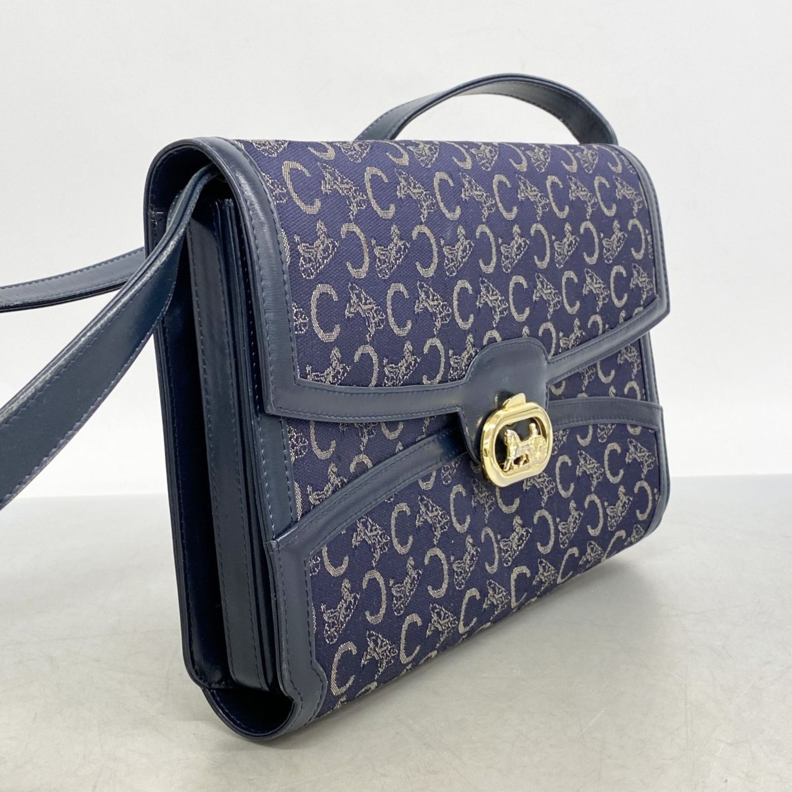 セリーヌ Celine セリーヌ ショルダーバッグ 馬車金具 Cサルキー キャンバス ネイビー レディース
