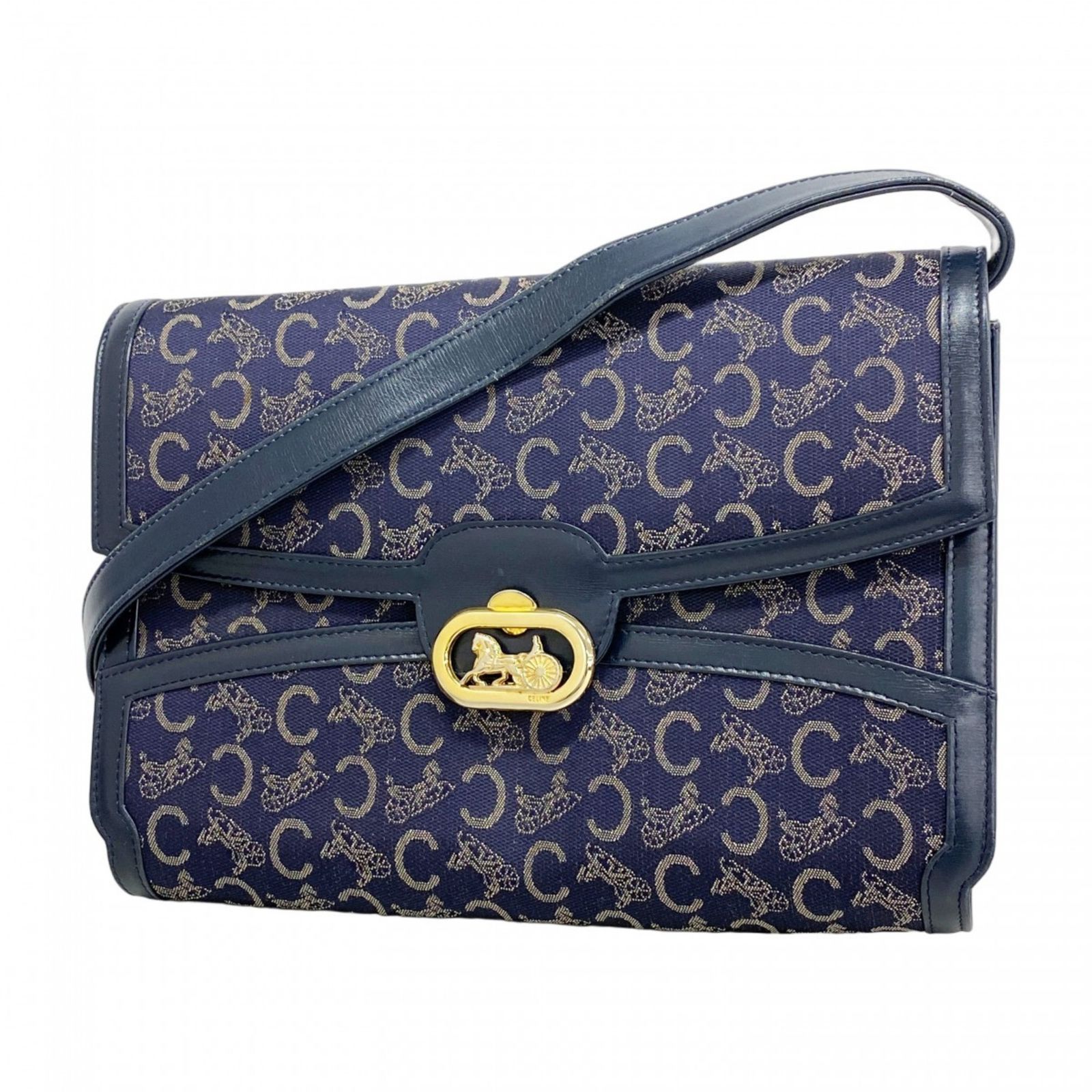 セリーヌ Celine ショルダーバッグ 馬車金具 Cサルキー キャンバス ネイビー レディース