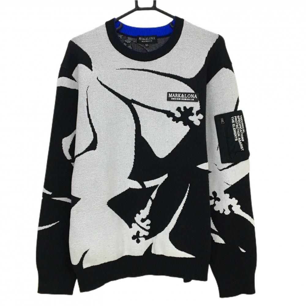 マークアンドロナ セーター 黒×白 総柄 ニット 袖ポケット付 メンズ 50 XL ゴルフウェア モデル MARK&LONA