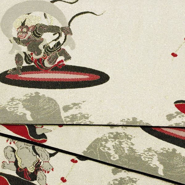 浴衣帯 半幅帯 小袋帯 細帯 リバーシブル ポリエステル 仕立て上がり 風神雷神 オフホワイト 生成り色 ラメ レトロ 女性 レディース 10代〜50代 60代 着物 浴衣 han-r 3-sei 1