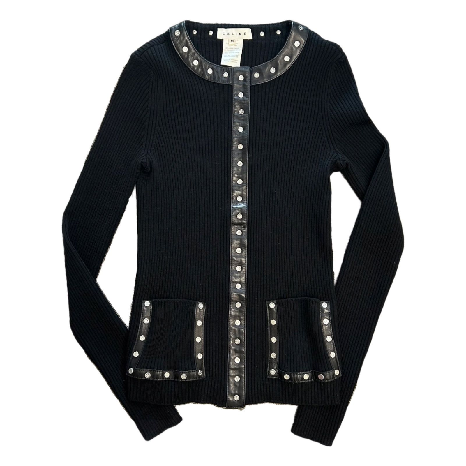 CELINE セリーヌ カーディガン リブニット ブラック マカダム M レザー トリム ヴィンテージ レディース