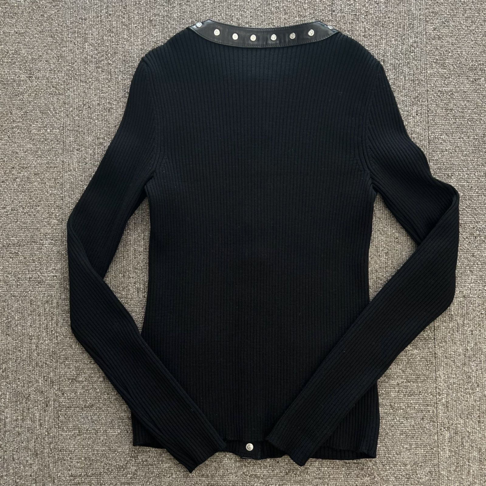 CELINE セリーヌ カーディガン リブニット ブラック マカダム M レザー トリム ヴィンテージ レディース