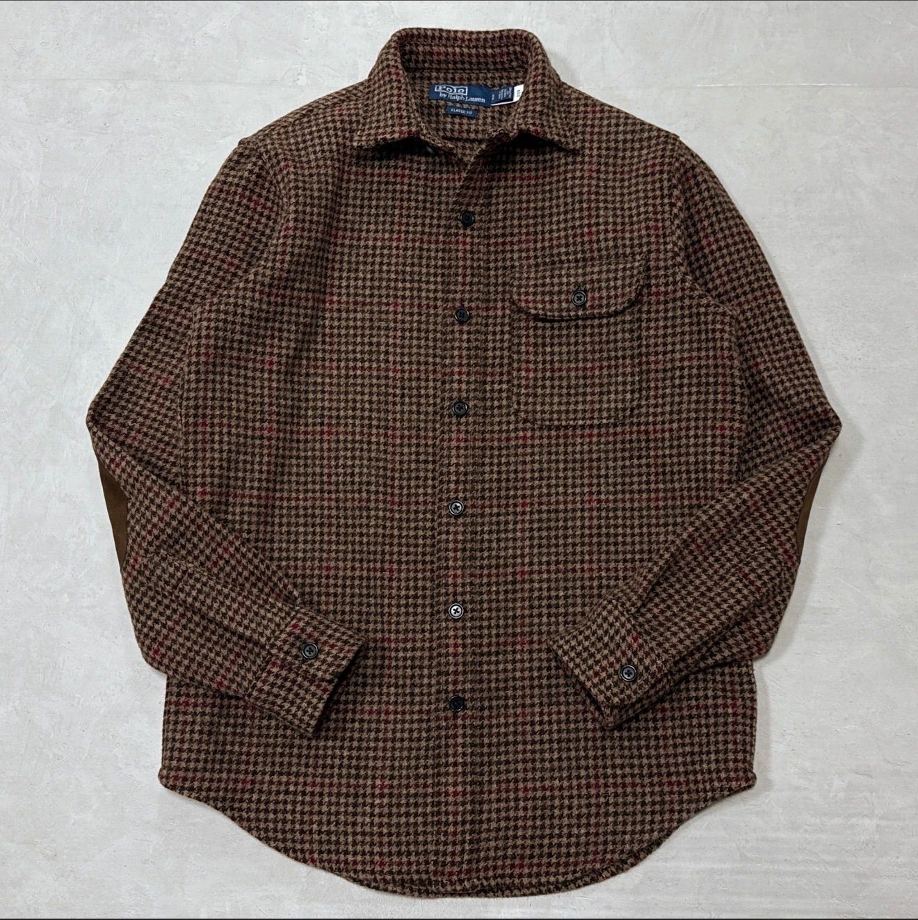 2025AW POLO RALPH LAUREN Suede Patch Wool Overshirt Shetland Wool Gunclub Check Elbow Patch CLASSIC FIT S Brown