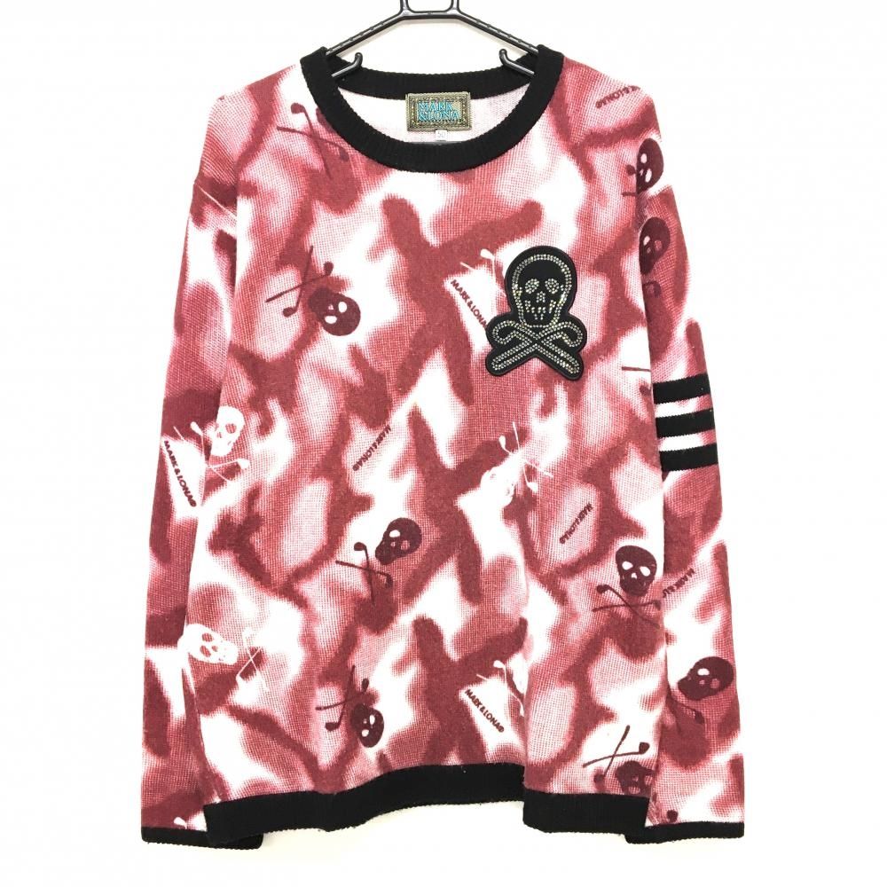 マークアンドロナ セーター ボルドー×白 総柄 スカル柄 カシミヤ100％ メンズ 50 XL ゴルフウェア モデル MARK＆LONA