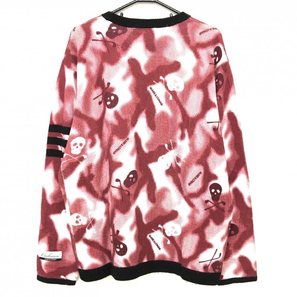 マークアンドロナ セーター ボルドー×白 総柄 スカル柄 カシミヤ100％ メンズ 50 XL ゴルフウェア モデル MARK＆LONA