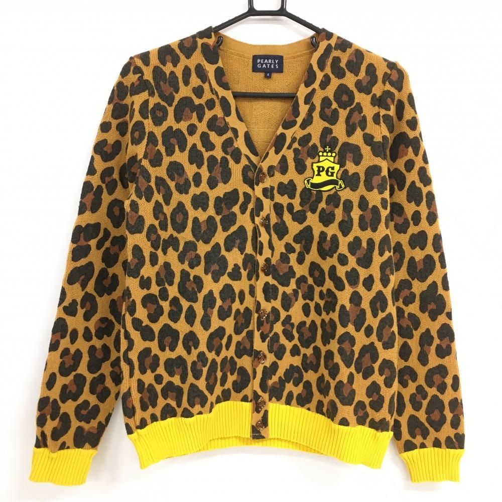 超 パーリーゲイツ ニットカーディガン ライトブラウン×ダークブラウン レオパード柄 メンズ 4 M ゴルフウェア PEARLY GATES