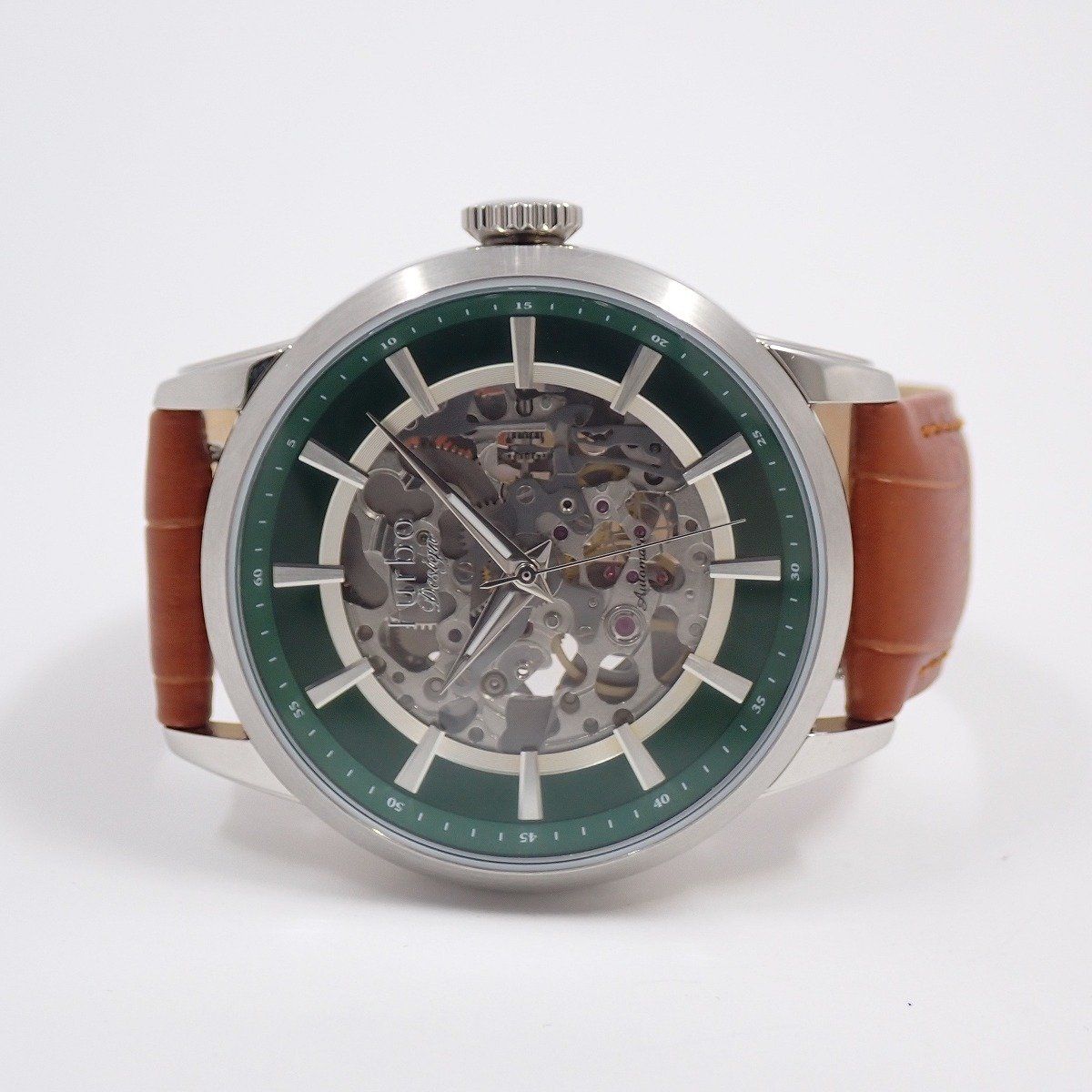 Furbo フルボデザイン ギア コア 自動巻き メンズ 腕時計 スケルトン グリーン文字盤 革ベルト NF 04 W SSGR