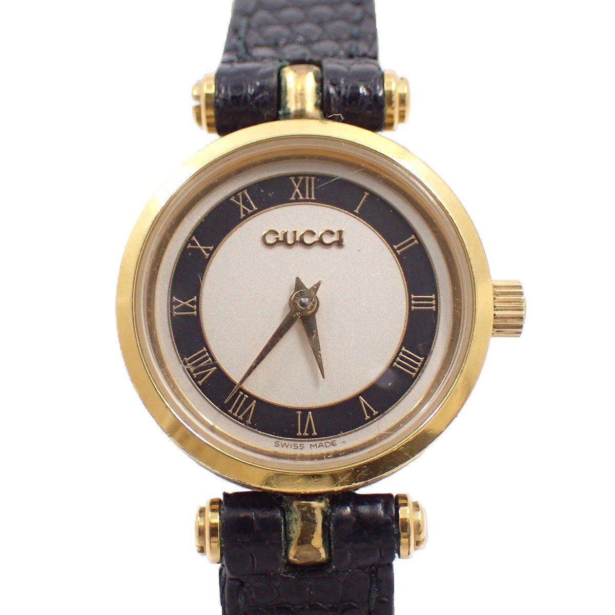 グッチ ラウンド型 ブラック×ゴールド クォーツ レディース 腕時計 白文字盤 純正革ベルト いおき質店