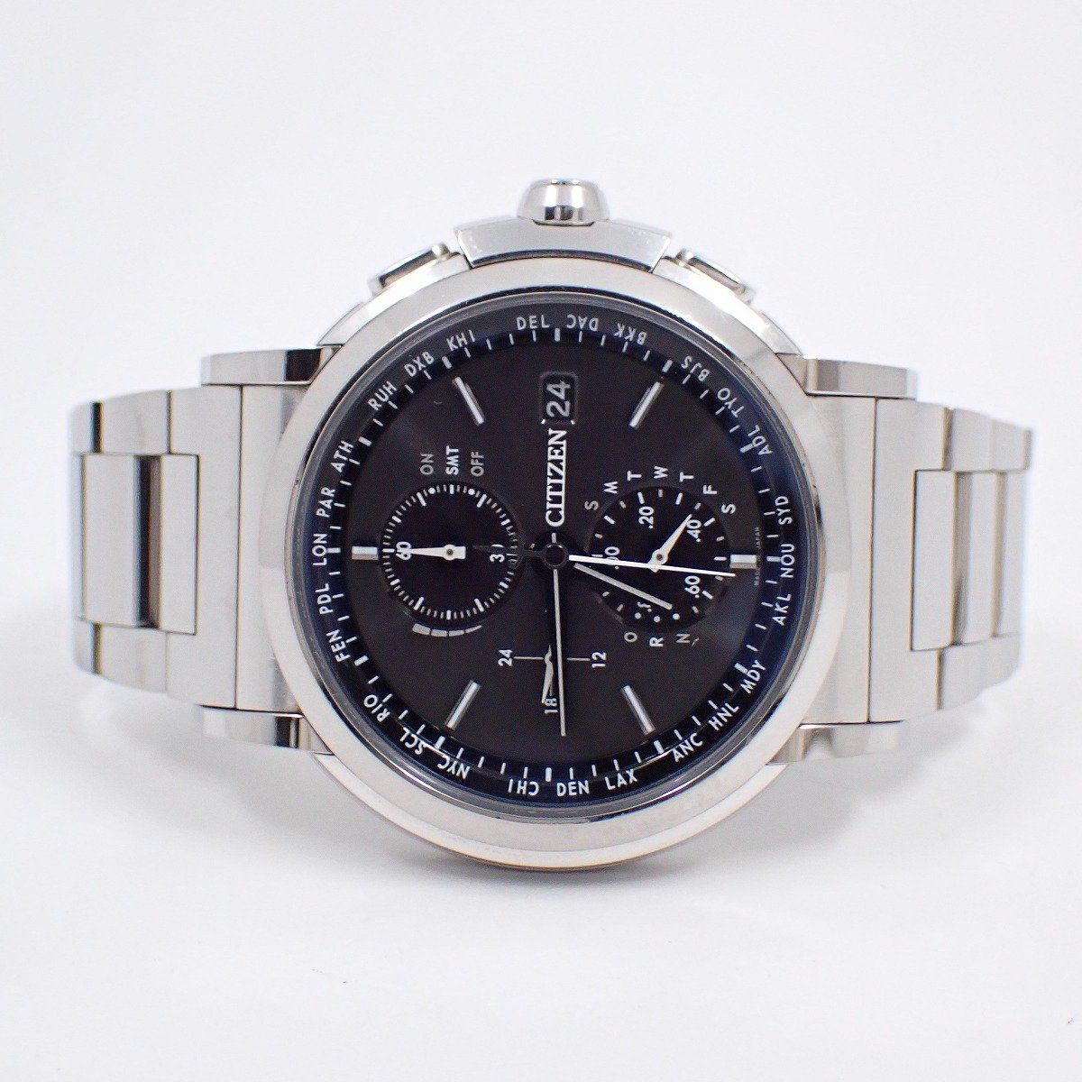 シチズン シリーズエイト 807 エコドライブ電波 ダイレクトフライト メンズ 腕時計 黒文字盤 純正SSベルト AT8080-52E いおき質店 管理2