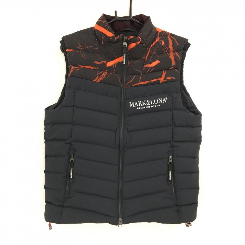 マークアンドロナ ダウンベスト 黒×オレンジ 上部柄 軽量 ロゴプリント メンズ 50 XL ゴルフウェア MARK＆LONA