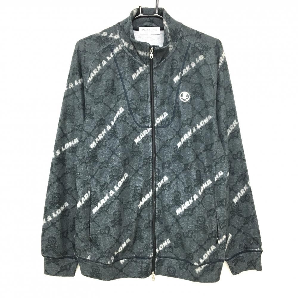 超 マークアンドロナ 長袖ハイネックシャツ グレー×白 ロゴ総柄 スカル総柄 起毛素材 メンズ 50 L ゴルフウェア MARK&LONA