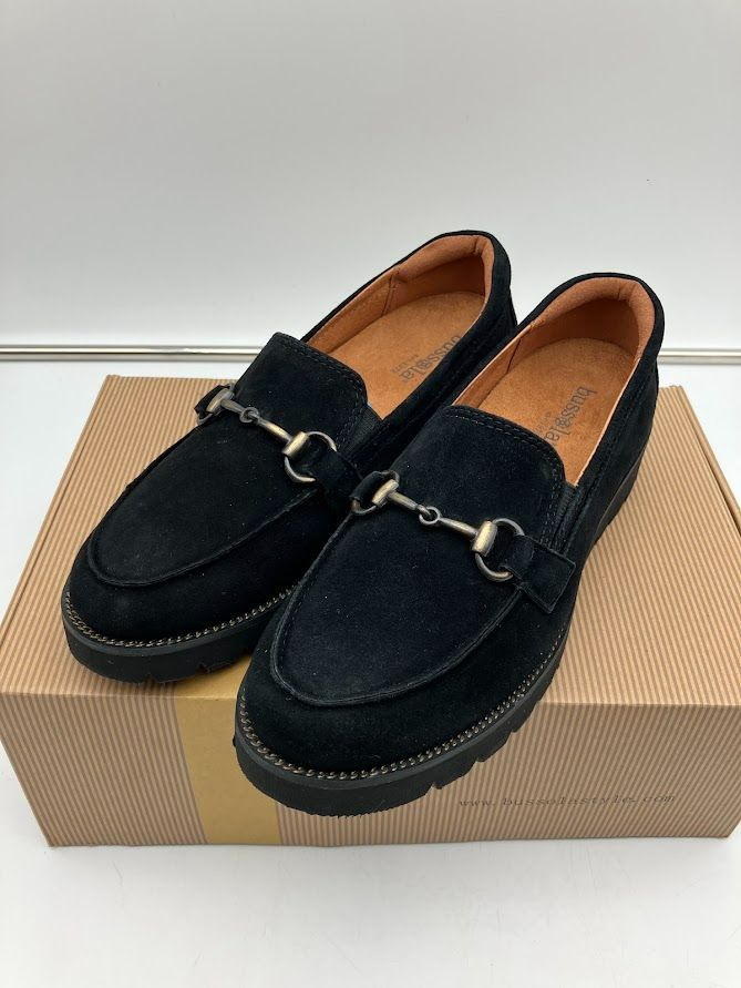 BUSSOLA ローファー 撥水レザー ブラックスウェード ビットローファー