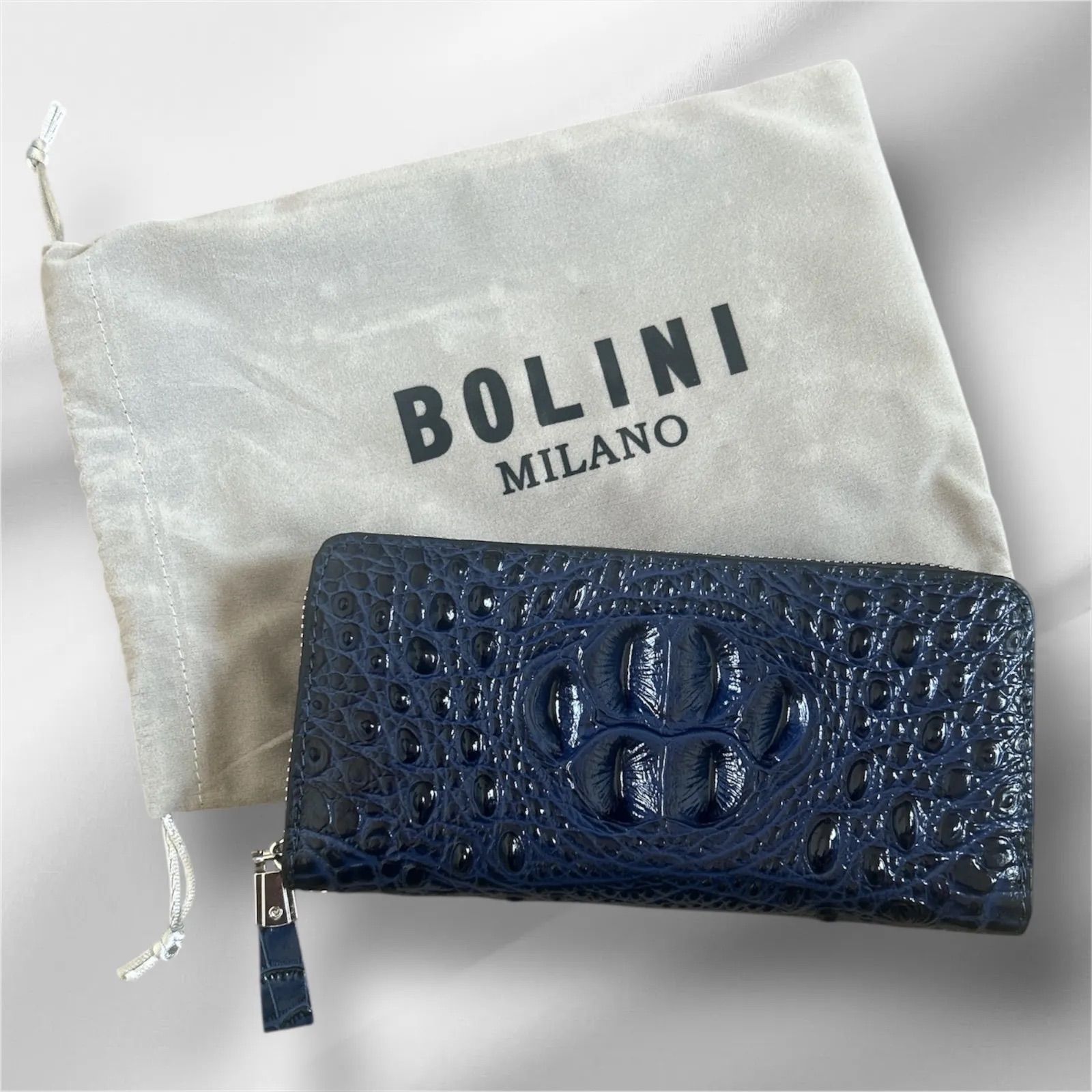 BOLINI ボリニ 最上級牛革 クロコダイル ラウンドファスナー 長財布 紺