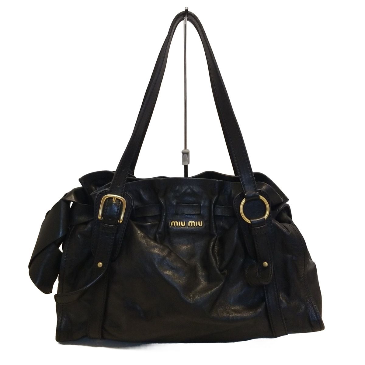 miumiu ミュウミュウ ショルダーバッグ - 黒 サイドリボン レザー