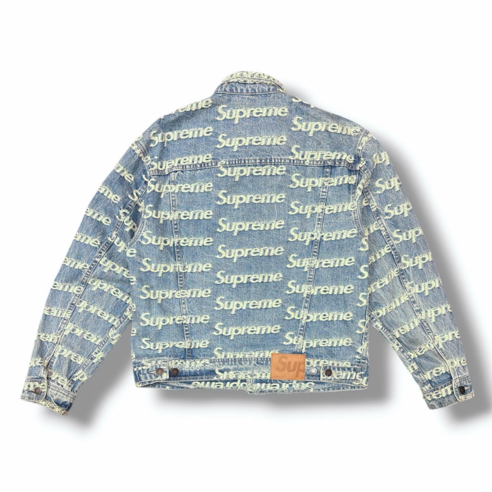 正規 Supreme 21SS Frayed Logos Denim Trucker Jacket ロゴデニムトラッカージャケット Gジャン シュプリーム インディゴ M 2639M