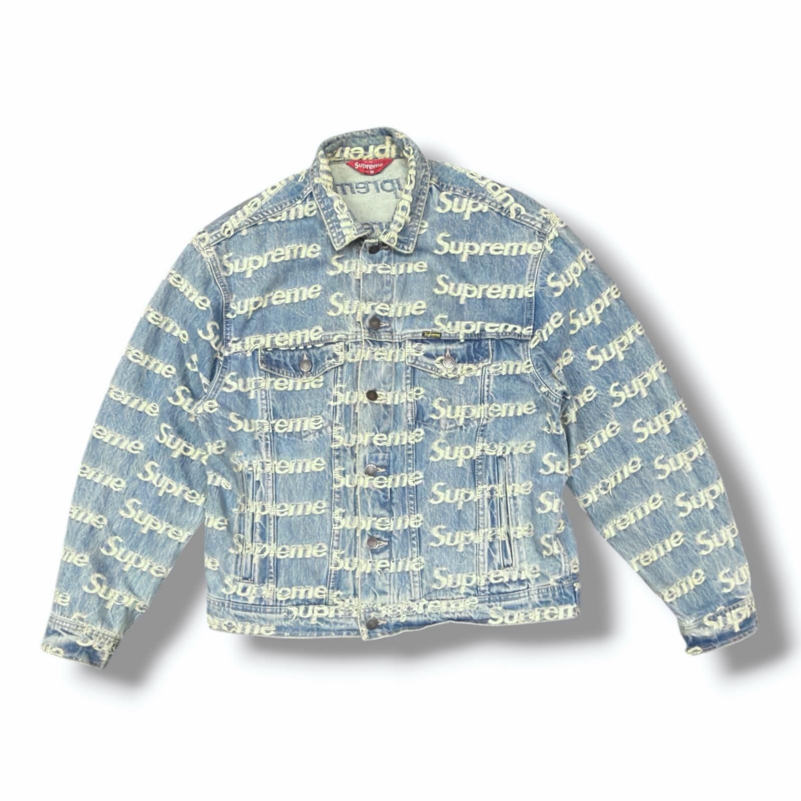 正規 Supreme 21SS Frayed Logos Denim Trucker Jacket ロゴデニムトラッカージャケット Gジャン シュプリーム インディゴ M 2639M