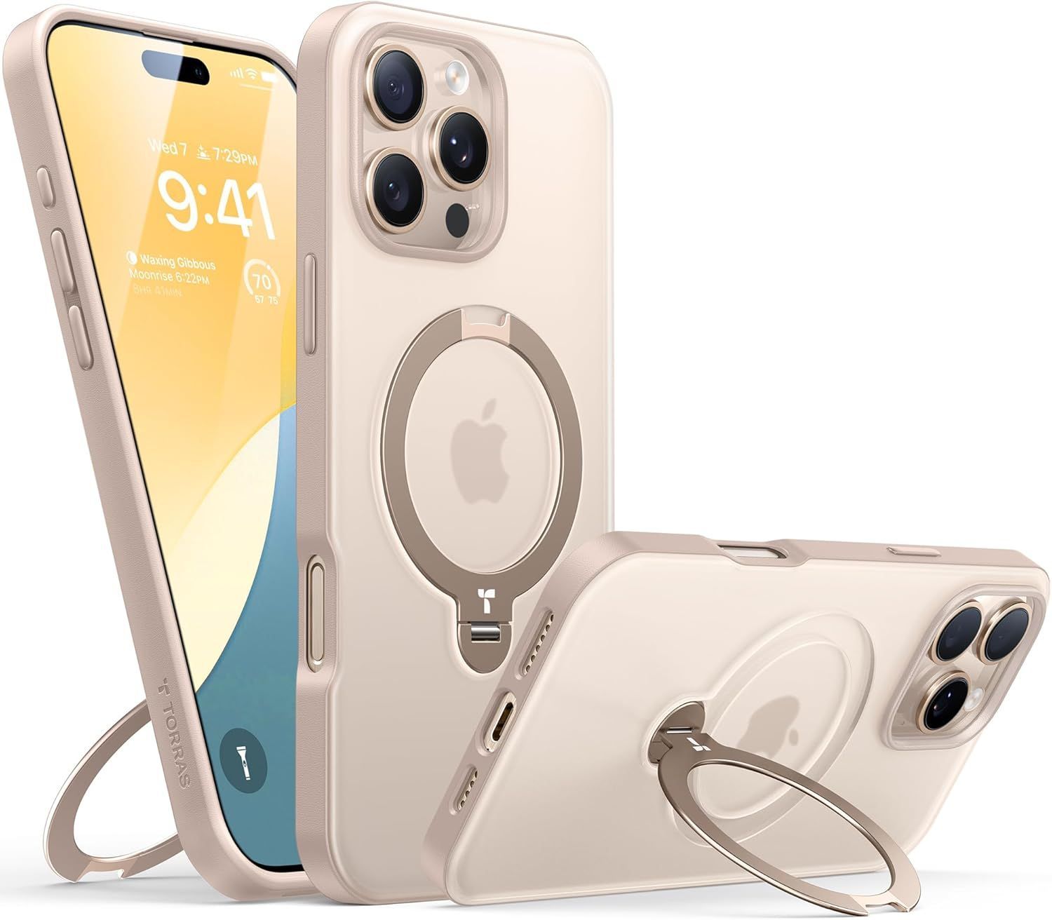 TORRAS iPhone 16 Pro 用 ケース【ソフトベージュ ・チャーミング｜360° ゼンマイ式スタンド 】 米軍規格 縦横両対応 リング付き マグネット搭載 ワイヤレス充電対応 耐衝撃 防指紋 半透明 Ostand Spin デザートチタニウ