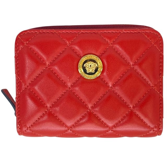 ヴェルサーチ メドゥーサ 二つ折り財布 折財布 ラウンドファスナー ナッパ キルティング レザー レッド VERSACE レディース 人気 定番 上品 感 個性