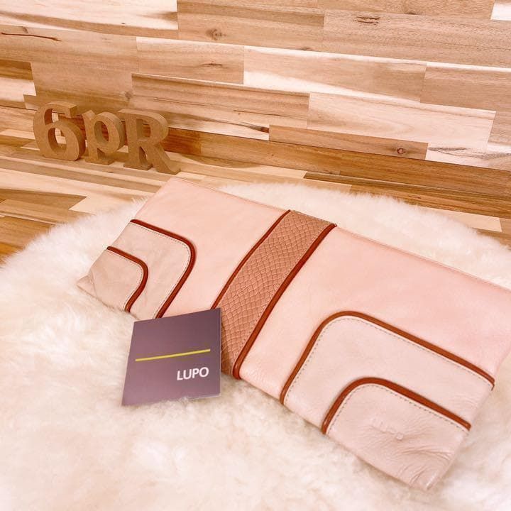 ルポバルセロナ 本革 レザー クロコ ライン クラッチバッグ ピンク×ベージュ 内側パープル 紫