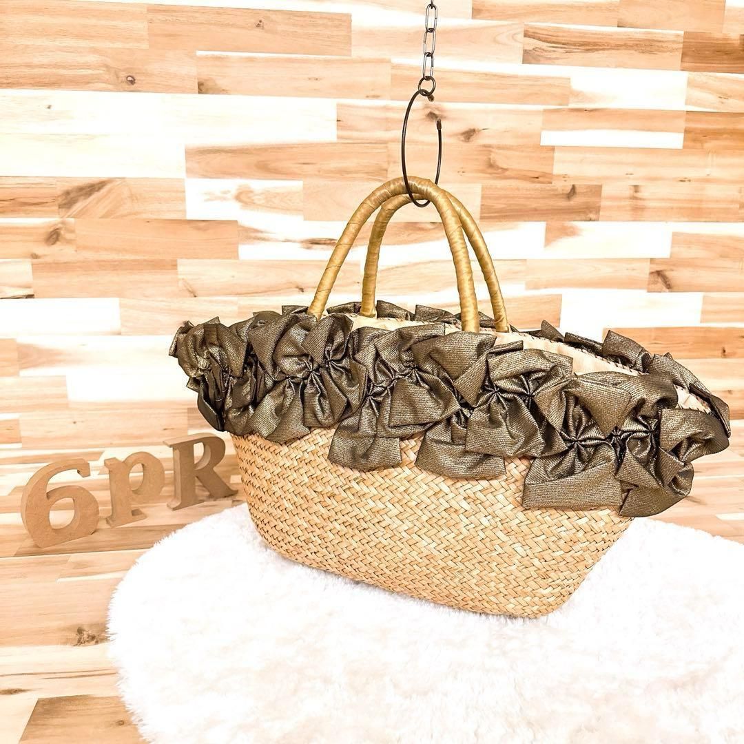 ラドロー ブロンズ ラメ リボン ストロー かごバッグ ベージュ×金ゴールド 肩掛け A4サイズ トートバッグ