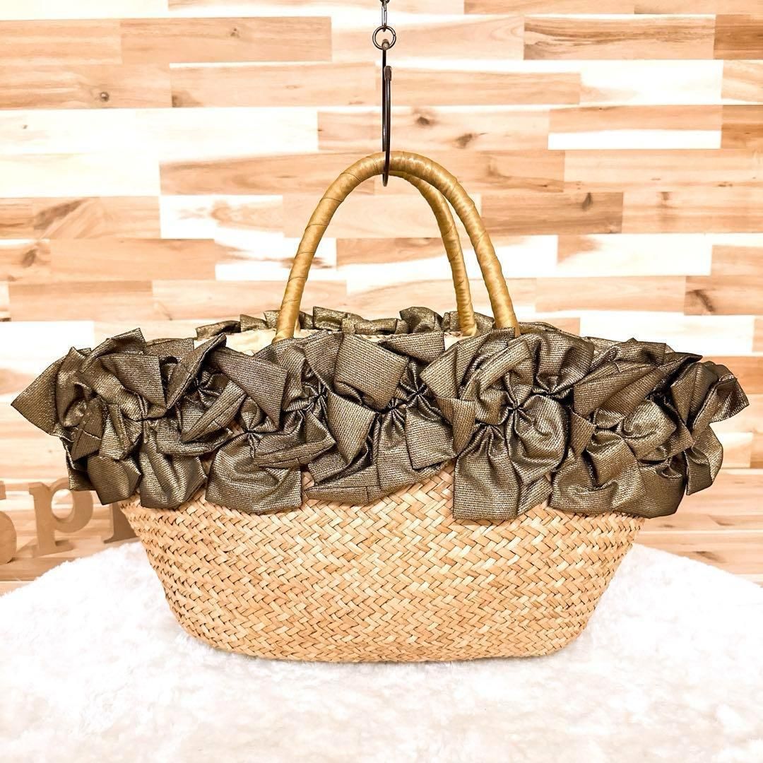  ラドロー ブロンズ ラメ リボン ストロー かごバッグ ベージュ×金ゴールド 肩掛け A トートバッグ かごバッグ バッグ