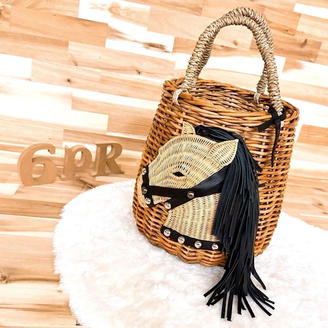 品 ラドロー 馬 ホース かごバッグ 円形 アニマル 天然繊維 茶×黒 筒形 バスケット ウマ フェイス トートバッグ