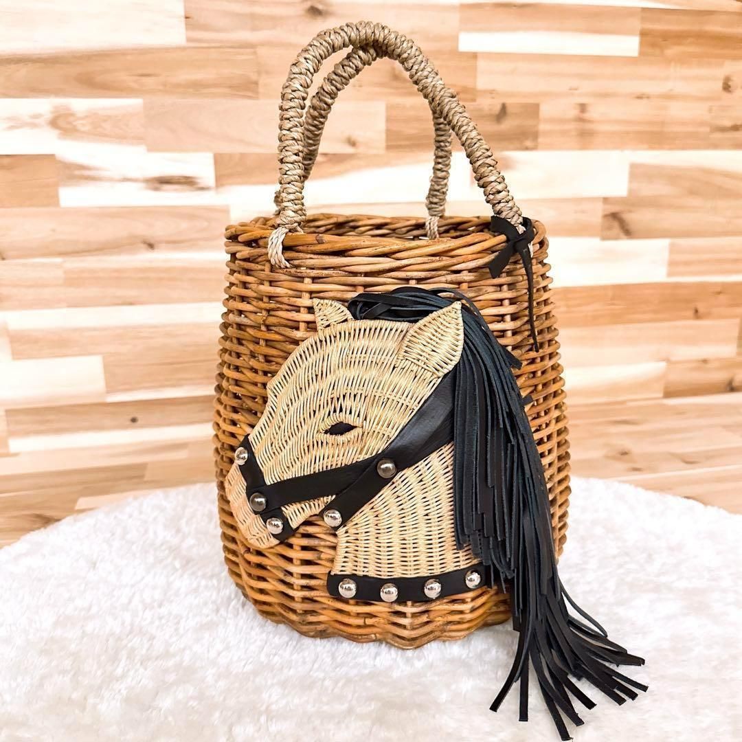 品 ラドロー 馬 ホース かごバッグ 円形 アニマル 天然繊維 茶×黒 筒形 バスケット ウマ フェイス トートバッグ