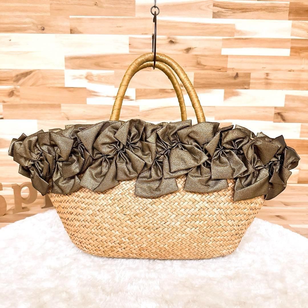 ラドロー ブロンズ ラメ リボン ストロー かごバッグ ベージュ×金ゴールド 肩掛け A4サイズ トートバッグ