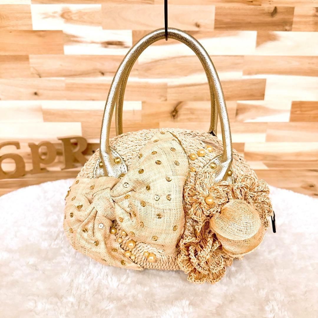 アルファジル ALFAJILL 立体フラワー リボン かごバッグ スパンコール ベージュ×ゴールド 花 ミニ トートバッグ