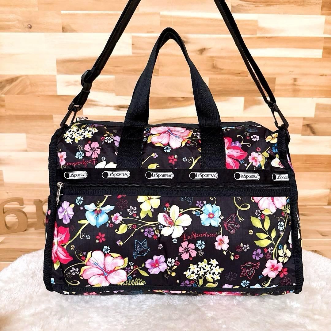 美品【レスポートサック】トロピカル フラワー ボストンバッグ 花柄 黒
