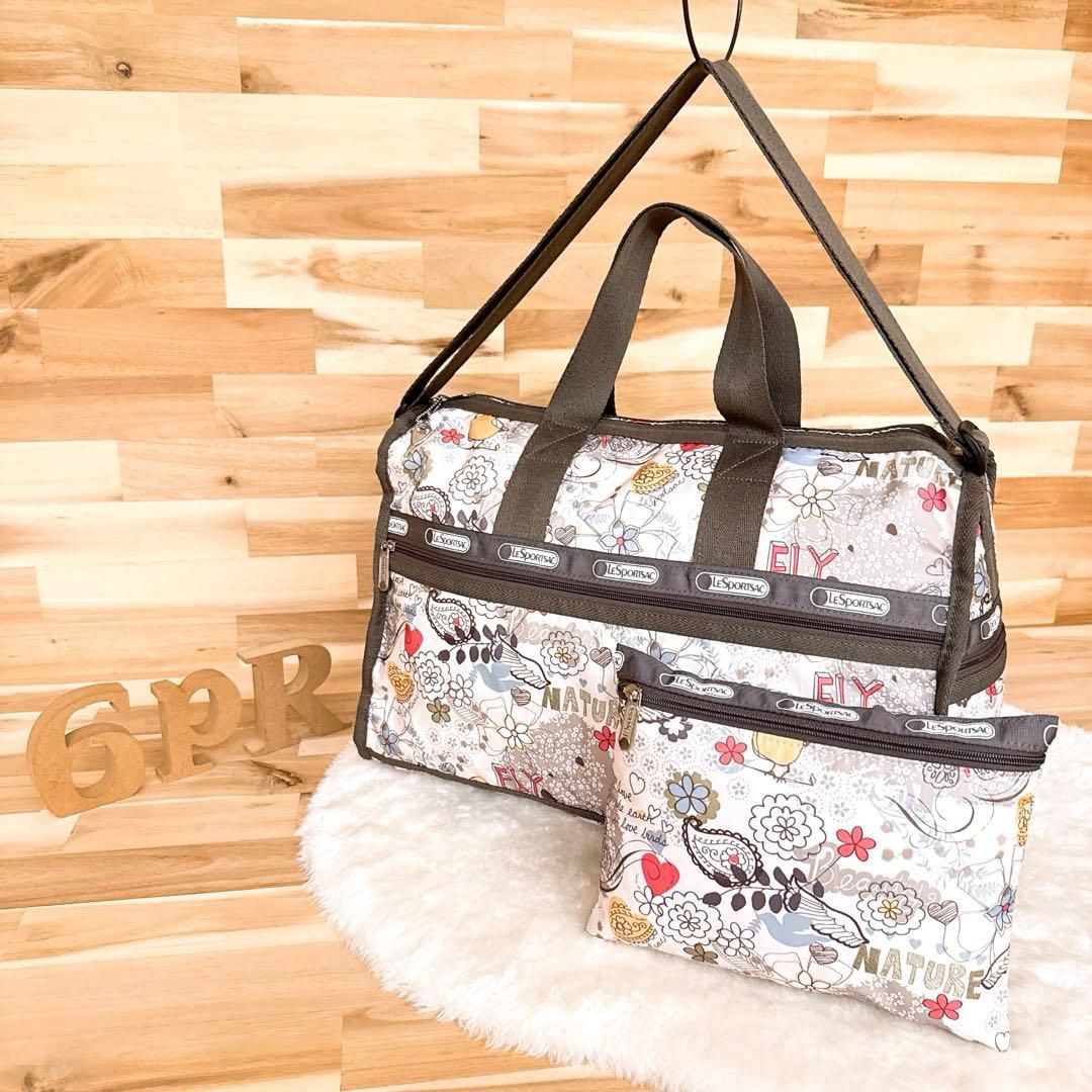 レスポートサック】ほっこり フラワー花柄 ボストンバッグ 総柄 白