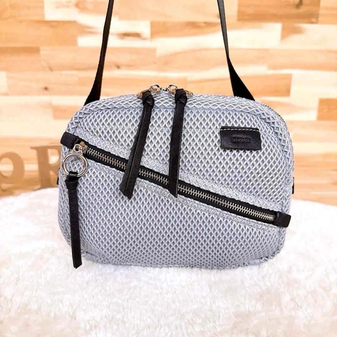 ヌエール スクエア メッシュ ボディバッグ ショルダーバッグ グレー×黒 肩掛け レザー ジップ